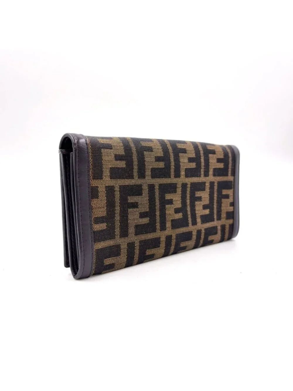 Fendi Zucca Pattern Leather Canvas Brown Black Bifold Wallet Gold